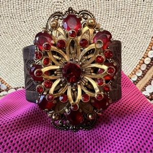 Leather Cuff Bracelet with Burnished Gold Garnet Crystal Floral Design